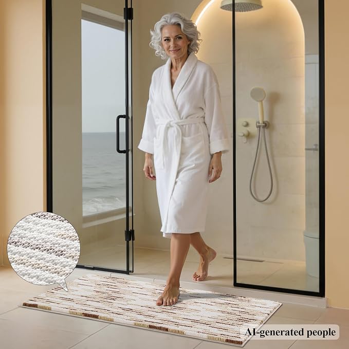 Bathroom Rugs Sets 2 Piece, Modern Bath Mat 20"x47"+20"x32", Beige | Loop Pile Chenille, Non Slip TPR Rubber Backing, Abstract Stripe, Soft Thick Absorbent Washable, Runner Rug for Bathroom