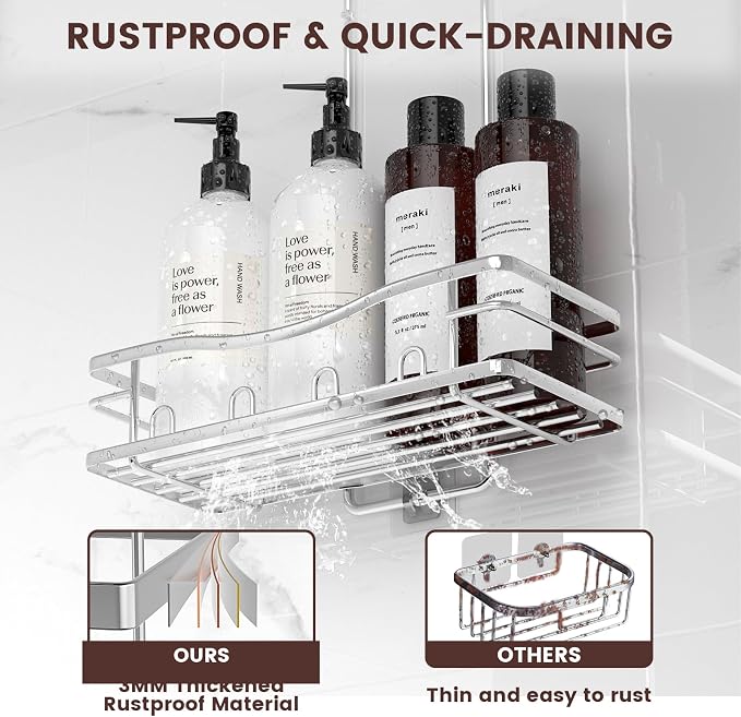 Rustproof Shower Caddy Hanging with Soap Holders for Bathroom, Silver | Shower Organizer with Multi Hooks Toothbrush Holder, No Drilling, Anti-Swing, Storage for Shampoo Conditioner Body Wash