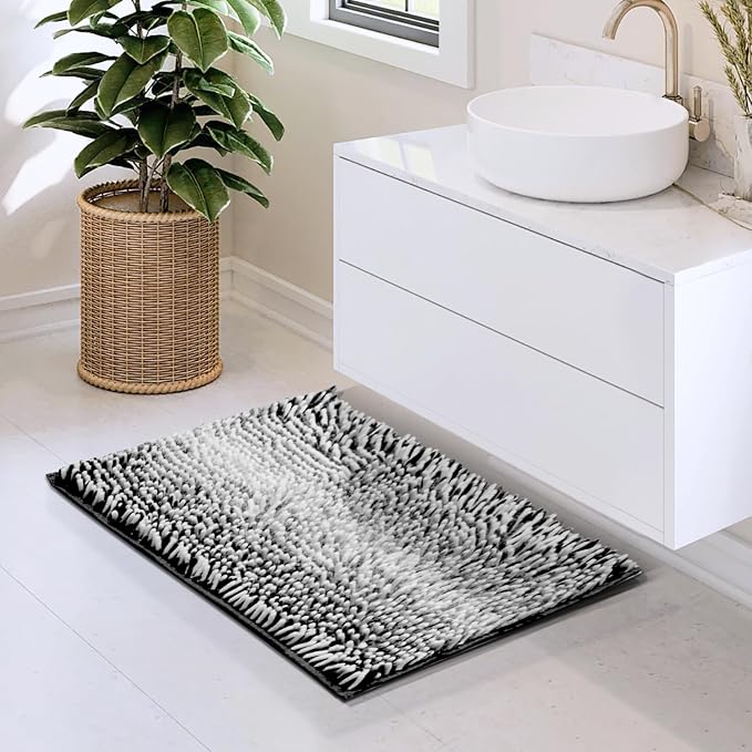 Hearth & Harbor Bathroom Rugs, Chenille Bath Mat - Machine Washable Bath Mats for Bathroom Non-Slip Backing Rubber, Quick Dry Bathroom Mat, 17 x 24 - Ombre Black