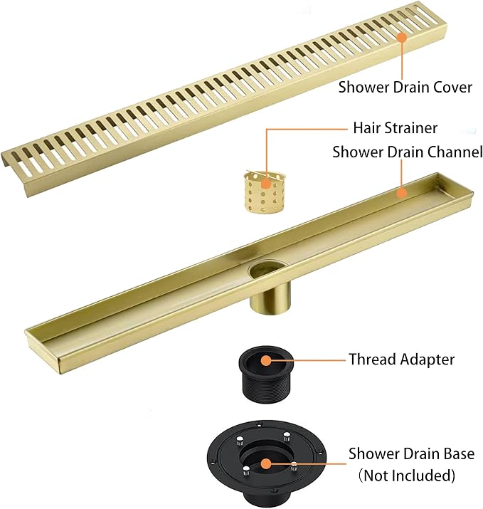 36 Inch Linear Shower Drain Bathroom Kitchen Golden Floor Drain Removable Capsule Pattern Cover Accessories Shower Drain 304 Stainless Steel Drain with Hair Strainer Adjustable Leveling Feet