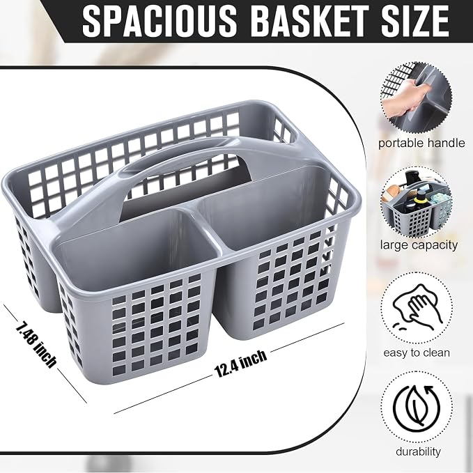 Haundry Plastic Shower Caddy Basket with 3 Compartments, Portable Divided Cleaning Supply Storage Organizer with Handle (Grey)