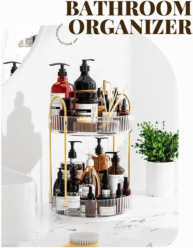 Bathroom Organizer Countertop, Rotating Makeup Organizer for Vanity, 2-Tier Make Up Organizers and Storage, Vanity Tray Shelf for Cosmetic, Skin Care, Lotions (Clear)