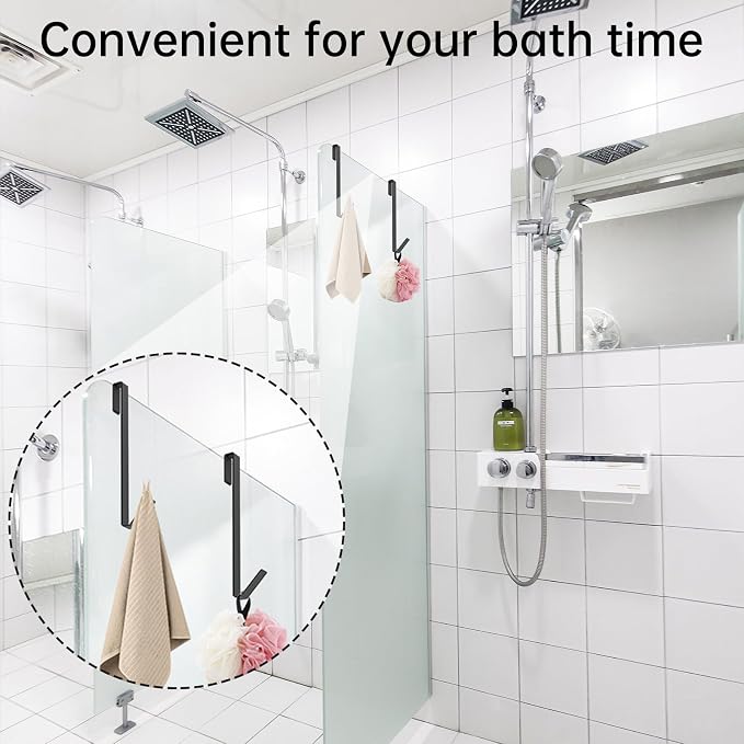 Linone 10 in Shower Door Hooks, Towel Hooks for Bathrooms, Shower Hooks for Towels,Heavy Duty Drilling-Free Extended Over Door Towel Hooks for Frameless Glass Shower Door, 3 Pack