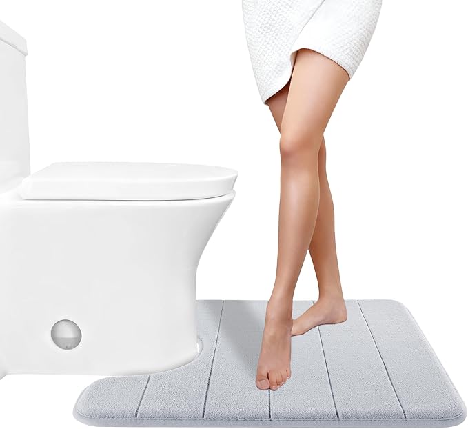 Yimobra Memory Foam Toilet Bath Mat U-Shaped, Commode Contour Rug, Soft and Comfortable, Super Water Absorbent, Non-Slip, Thick, Machine Wash Bathroom Commode Contour Rug, 24 X 20 Inches, Silver