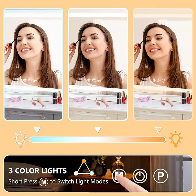 Ratsamee 32"x24" Vanity Mirror with Lights, Led Makeup Mirror, Lighted Makeup Mirror with 3 Color Dimmable Lights, Smart Touch Screen Control, Aluminum Metal Frame,USB Charging Port