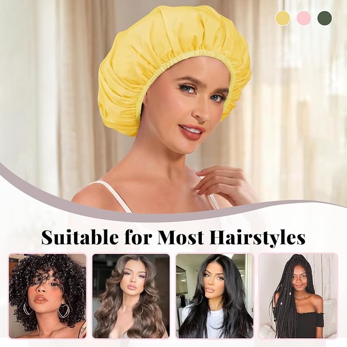 3Pcs Waterproof Shower Cap for Women Reusable, Bath Cap for Long Hair, Comfortable Shower Hat for Thick Curly Hair