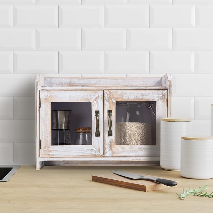 Rustic White Wood Counter Top Storage Cabinet Organizer Shelf Glass Window Doors Wooden Caddy Kitchen Bathroom Tabletop Vanity Chest Antique Farmhouse Style Mini Closet Box Rack Home