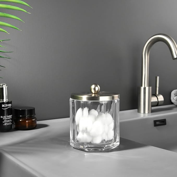 Clear Transparent Apothecary Octagional Shaped Glass Canister Jar With Satin Nickel Metal Lid Cover for Bathroom Organization, Cotton Balls, Q Tips, and Small Accessories, Bath Storage