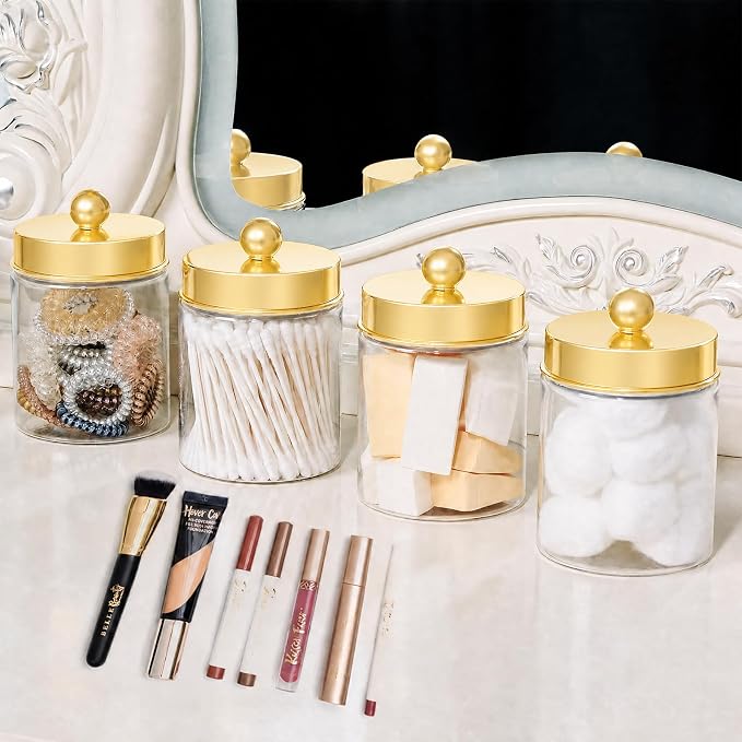 Amolliar Acrylic Apothecary Jar Bathroom Qtip Holder Gold 4 Pack | for Bathroom Storage Vanity , Countertop, Farmhouse Style, Holds Cotton Swabs, Dental Floss, Makeup Sponges,Gold Decor