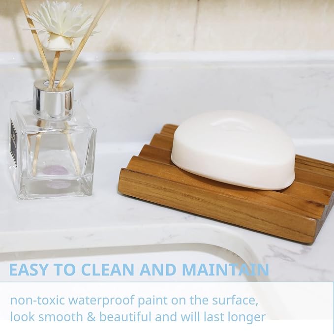 Teak Soap Dish for Shower Pack of 2 by HTB, Wood Decorative Bath Soap Holder Heightened Base Design to Keep Soap Dry in Kitchen, Bathroom, Sink, Bathtub, Wooden Soap Saver for Hand Face Shampoo Bar