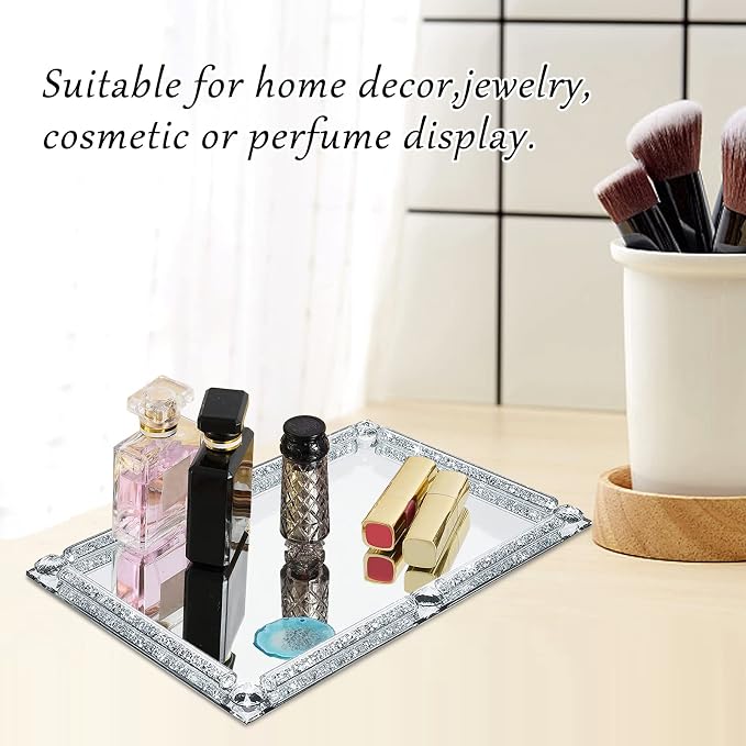 Mirror Perfume Tray for Dresser,Crushed Diamond Filled Glass Vanity Tray,Decorative Bathroom Tray,Crystal Tray for Home Decorative,Party,Hotel Banquet,11.8"x 7.9"x1.2",Silver