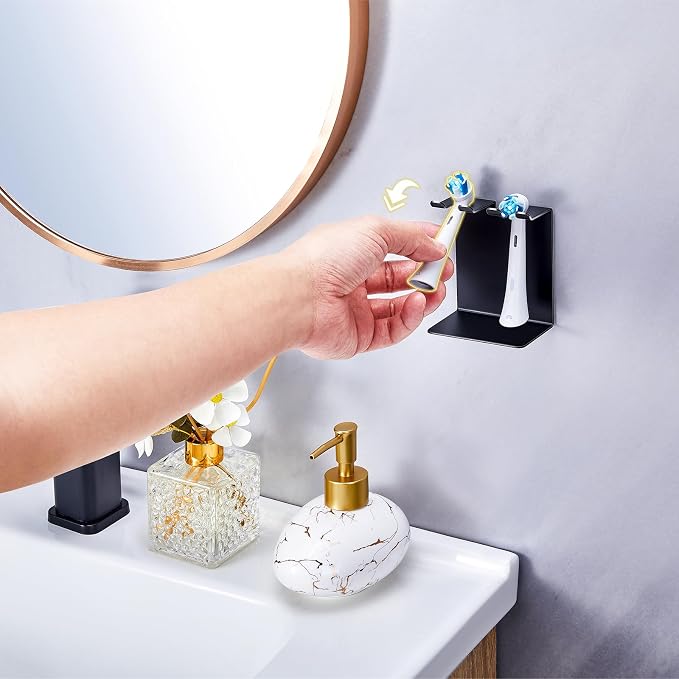 Electric Toothbrush Head Holder, Tooth Brushing Holder, Wall Mounted Toothbrush Holders Shower Bathroom, Self Adhesive or Desktop Tooth Brush Holder Organiser (Black, Small)