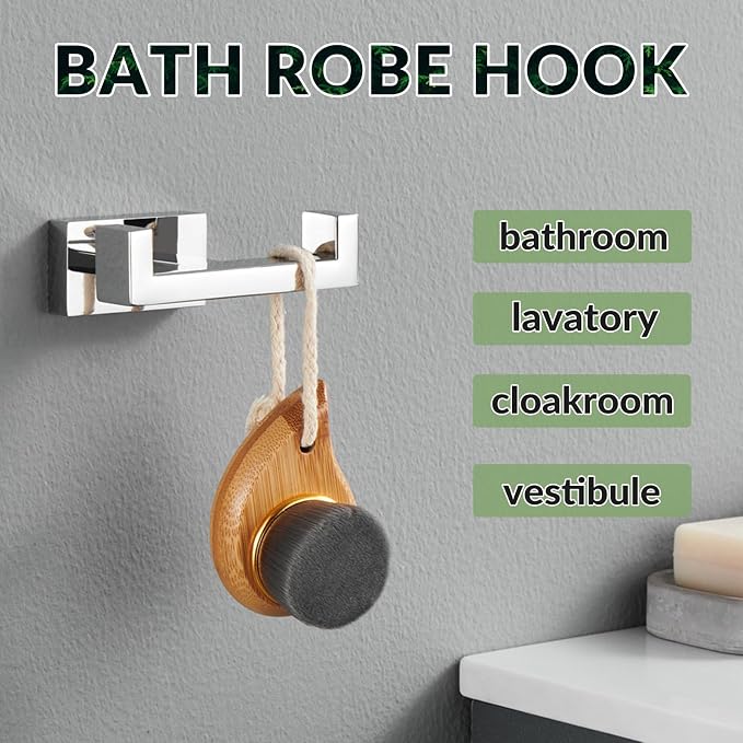 APLusee Square Double Towel Hook, 304 Stainless Steel Dual Coat Holder, Modern Bathroom Kitchen Storage Hanger Wall Mounted, Polished Chrome