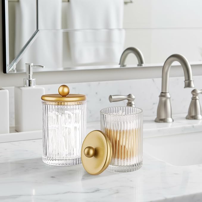 SheeChung 4 Pack Gold Ribbed Glass Qtip Holder with Metal Lids | Apothecary Jars Bathroom Organizer Countertop Vanity Canister Set for Cotton Swabs, Rounds, Floss Picks-Modern Luxury Decor