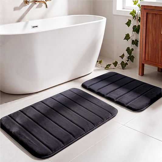 Memory Foam Bathroom Rugs Sets 2 Piece - Super Soft Absorbent Quick Dry Memory Foam Bathroom Rugs, Machine Washable Non Slip Floor Carpet for Tub Shower & Single Sink 32"x20"+24"x16"(Black)