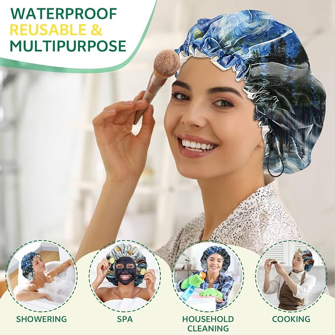 2 PCS Shower Cap Waterproof Double Layer Elastic Adjustable Reusable Hair Bath Caps for Girls Women Cute Aesthetic-Blue