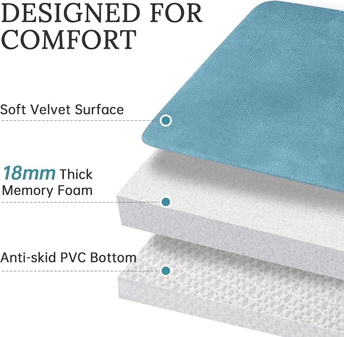 HUXMEYSON 3-Piece Memory Foam Bathroom Rug Set, Lake Blue | Quick Dry Velvet Surface, Non-Slip & PVC Backing, Ultra Soft Bath Rugs for Bathroom, 17"x24"+20"x32"+U Shape 20"x24"