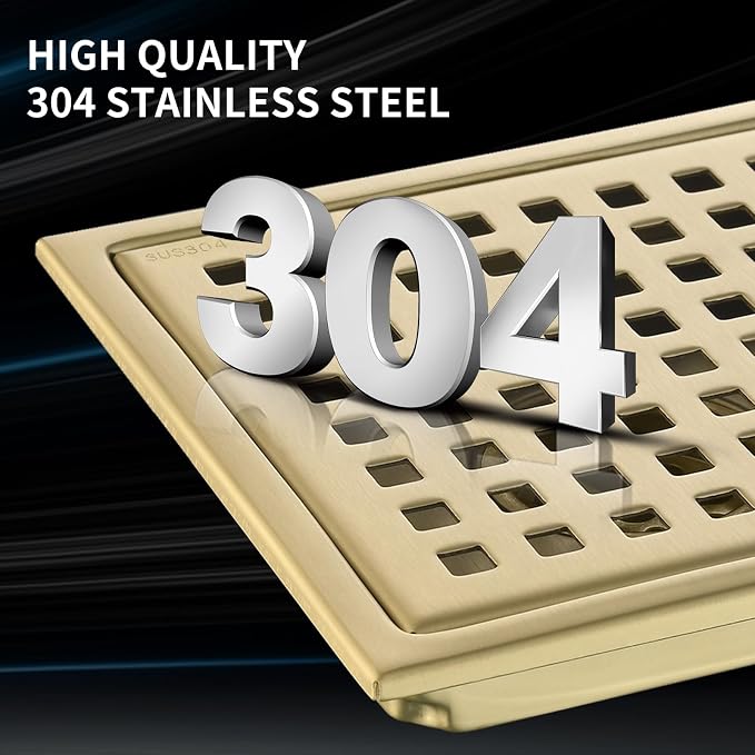 6 Inch Shower Drain 304 Stainless Steel Brushed Gold Square Shower Floor Drain Kit with Flange, Removable Cover Grille, Hair Filter for Bathroom, Kitchen, Balcony