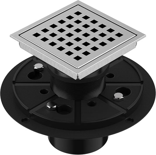 EXF Square Shower Drain 4-3/8 Inch Brushed Nickel, Stainless Steel Shower Floor Drain Kit with ABS Flange, Removable Cover Grid Grate, Hair Strainer