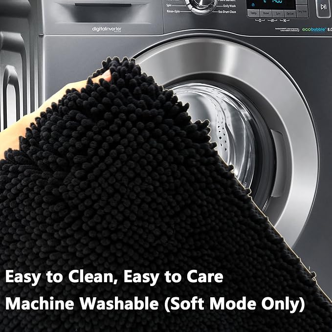 Bathroom Rugs Sets 2 Piece, Extra Soft Chenille Bath Mat Ultra Absorbent Bathroom Rug, Bathroom Mat with Sturdy PVC Non-Slip Bottom, Machine Washable Bath Rugs (20x32 Inch + 16x24 Inch, Black)