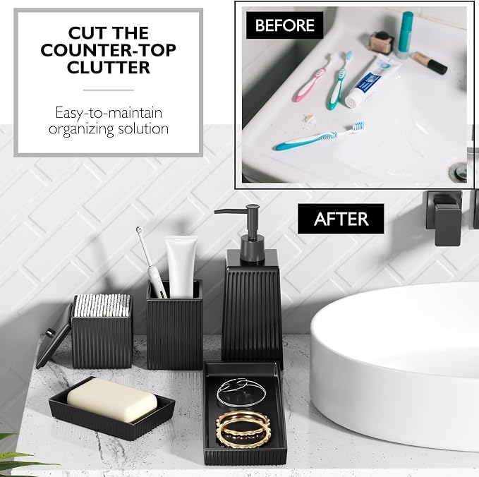 XLHOMO Bathroom Set - Black Bathroom Accessories Set, 5PCS Ceramic Bathroom Accessory Set, Bathroom Sets with Soap Dispenser, Toothbrush Tumbler, Soap Dish, Q-tip Holder & Vanity Tray