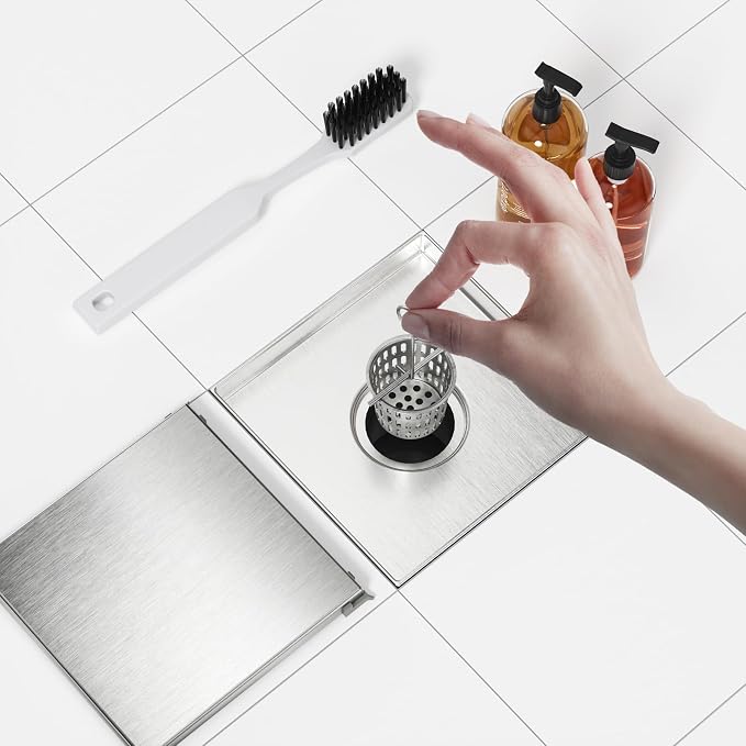 Neodrain 8-Inch Square Shower Drain with Removable Tile Insert Grate, Brushed 304 Stainless Steel, CUPC Certified, Includes Hair Strainer