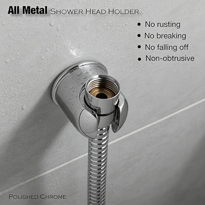 Handheld Shower head Holder - All Metal - Adhesive and Screw in Installation - Minimal Design Bathroom Wall Mount Shower sprayer Holder (Polished Chrome)