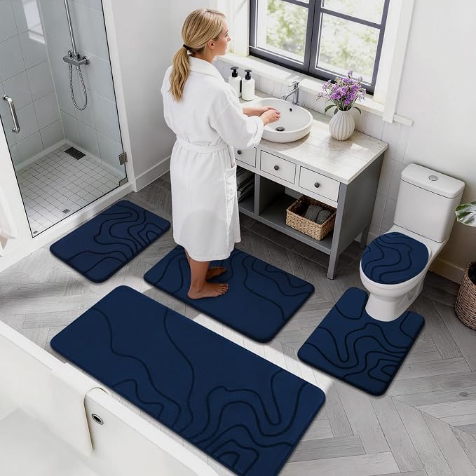 Memory Foam Bathroom Rugs Sets 3 Piece, Ultra Soft Bath Mat, Dark Blue | Ultra Soft, Extra Thick Bath Mat, Absorbent, Non-Slip, Machine Washable, For Tub, Shower & Home Decor Accessories