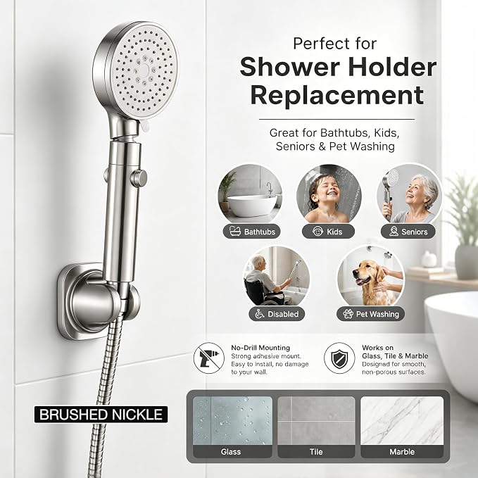 Handheld Shower Head Holder - 5 Angles Adjustable - Concealed Adhesive Mount with Screw Option - Wall Mount Shower Hose Holder (Brushed Nickle)