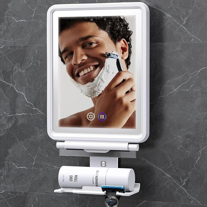 Heated Shower Mirror Fogless for Shaving, Anti-Fog Mirror for Shower | 3 Colors Stepless Dimmable Lights, 5000mAh Rechargeable Battery with Razor Holder, No-Drilling, Light Memory Function