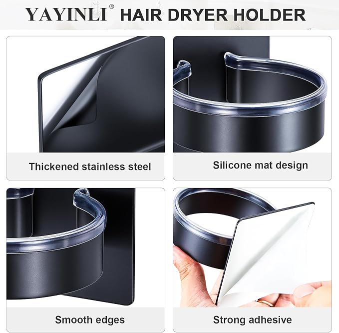 Hair Dryer Holder Wall Mount, Blow Dryer Holder Wall, Adhesive Hair Dryer Hanger, Blow Dryer Organizer, Hair Tools Organizer for Bathroom Salon Barber Shop Hotel (Black)