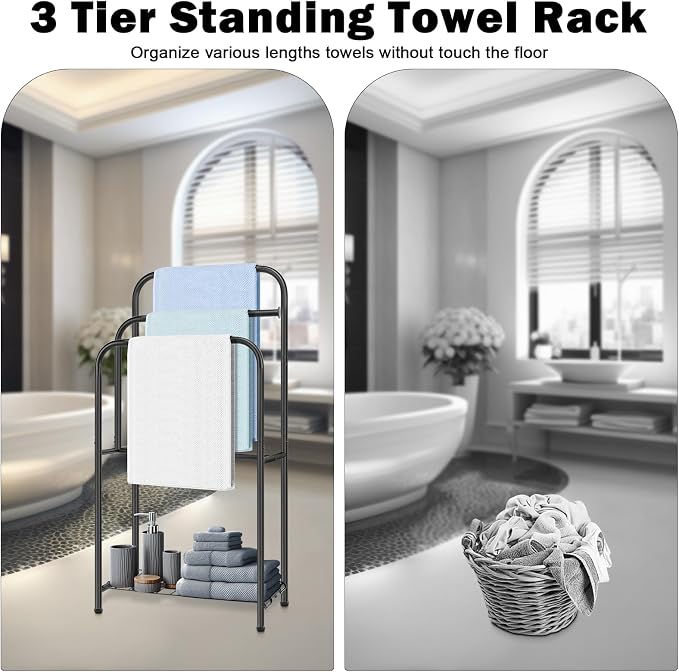 Towel Racks for Bathroom, 35" H Standing Towel Holder 3 Tier Metal Pool Towel Hanger Outdoor Floor with Storage Shelves for Blanket Bath Towel Drying (Matte Black)