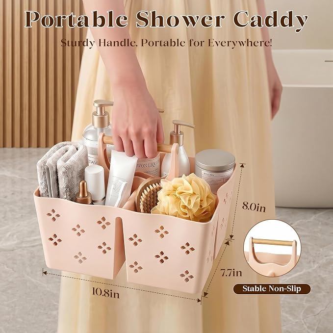 GVY Portable Plastic Shower Caddy, Large Capacity Shower Basket with Handle, Divided Bathroom Toiletry Organizer, Quick-Drain Shower Caddy for College Dorm Beach Kitchen Essentials, Cream