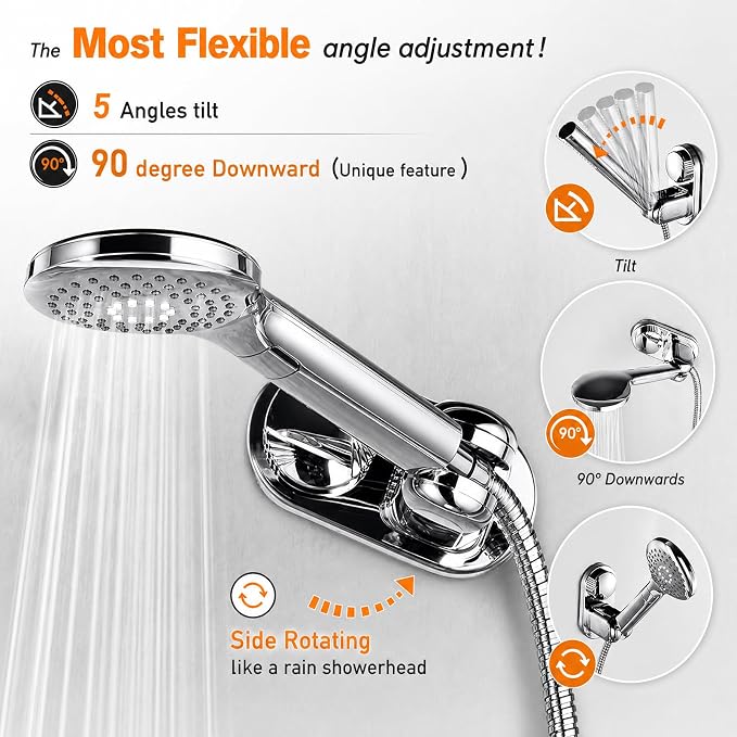 Suction Cup Handheld Shower Head Holder - 90 Degree 5 Angles Adjustable - Wide Input - Fits Heavy Shower Sprayer -Wall Mount Shower Hose Holder