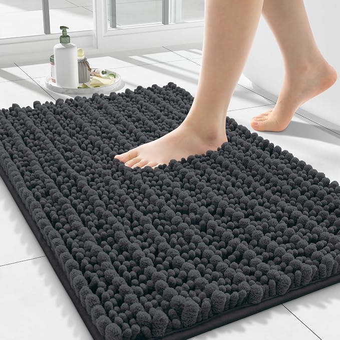 Smiry Bathroom Rugs 24X16, Extra Soft Rubber Backing Chenille Bath Mats | Dark Grey Machine Washable Non Slip Quick Dry Bath Mats for Bathroom Floor, Tub, Shower, Home Decor Accessories
