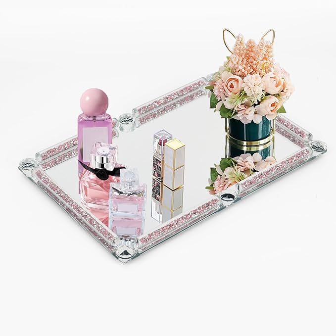 Mirror Perfume Tray for Dresser,Crushed Diamond Filled Glass Vanity Tray,Decorative Bathroom Tray,Crystal Tray for Home Decorative,Party,Hotel Banquet,11.8"x 7.9"x1.2",Pink