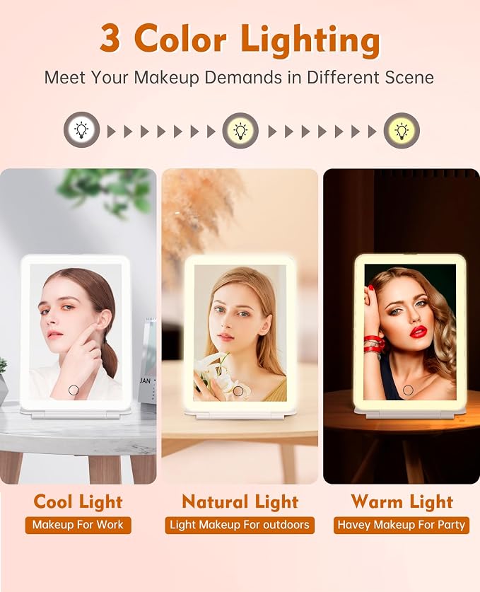 FUNTOUCH Rechargeable Travel Makeup Mirror with Lights 10X Magnifying | Portable Lighted Vanity Mirror with 80 Led,2000mAh Battery,3 Color Lighting,Touch Dimming,Tabletop Light up Mirror