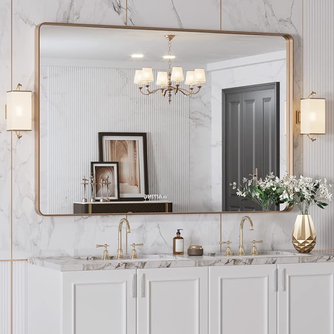 LOAAO 48"X32" Gold Bathroom Mirror | Rounded Rectangle, Brushed Gold Frame, Wall-Mounted, Anti-Rust, Tempered Glass, Hangs Horizontally or Vertically