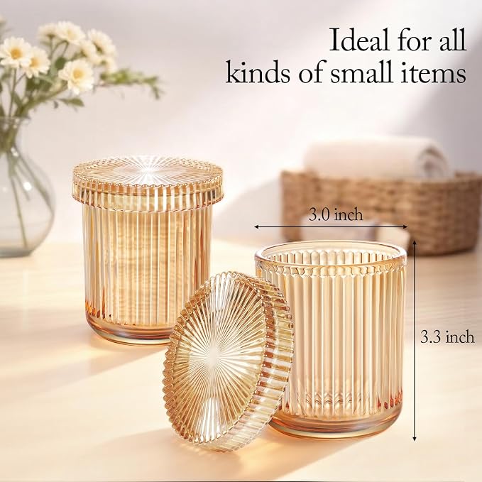 SheeChung Glass Qtip Holder Dispenser, 4-Pack Glass Apothecary Jars - Vintage Sunburst Bathroom Organizer Set - Cotton Swab Ball Pad Storage - Bathroom Accessories Decor（Amber）