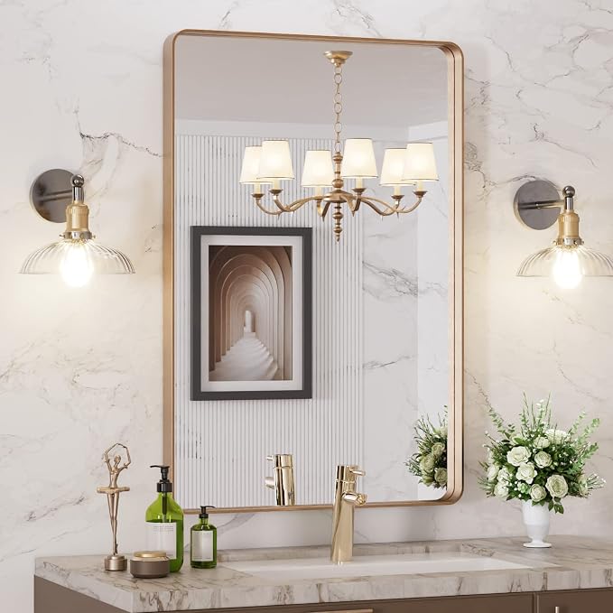 LOAAO 24"X36" Gold Bathroom Mirror | Rounded Rectangle, Brushed Gold Frame, Wall-Mounted, Anti-Rust, Hangs Horizontally or Vertically