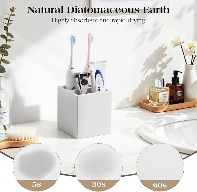 Luxspire Toothbrush Holder, 3 Slots, Light Gray | Diatomite, Fast Drying, Toothbrush Holders for Bathroom, Toothbrush and Toothpaste Holder for Countertop