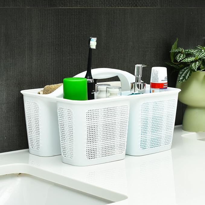 NINU Plastic White Shower Caddy Basket, Divided Cleaning Portable Shower Basket with Handle Compartments Storage Organizer for Bathroom, College, Kitchen, Dorm Room Essentials