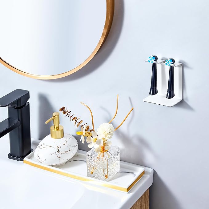 Electric Toothbrush Head Holder, Tooth Brushing Holder, Wall Mounted Toothbrush Holders Shower Bathroom, Self Adhesive or Desktop Tooth Brush Holder Organiser (White, Small)