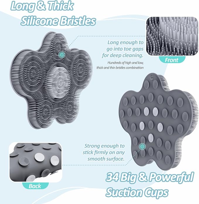 New Silicone Shower Foot Scrubber Mat, Large Wall-Mounted Back Scrubber Back Washer with Long Bristles & Powerful Suction Cups, Easy to Clean Exfoliate and Massage Without Bending(Gray)