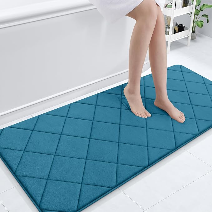 OLANLY Memory Foam Bath Mat 70x24, Ultra Soft and Absorbent Bathroom Rugs | Peacock Blue, Quick Dry, Machine Washable Shower Bath Rugs, Comfortable Bath Carpet for Bathroom Floor, Tub and Shower