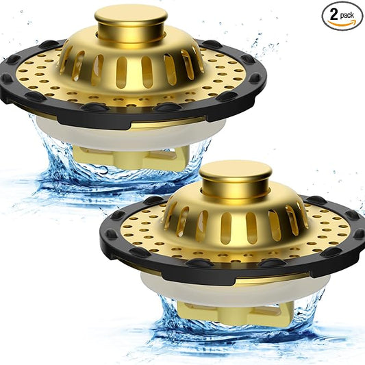 2PCS Universal Metal Bathtub Drain Stopper Top Hair Catcher, Brushed Gold | Shower Drain Tub Stopper with Stainless Steel Visible Filter Basket, Upgraded 3 in 1 Pop-up Drain Plug for 1.5 to 2.4" Hole
