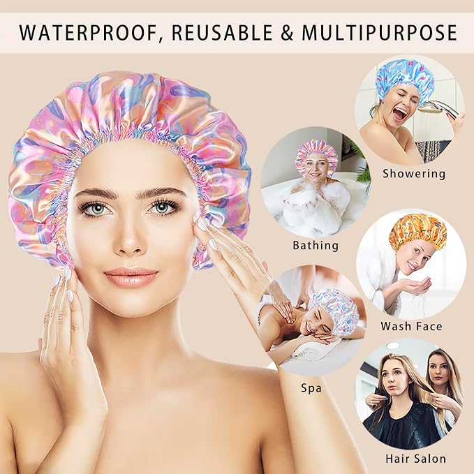 Shower Caps for Women, 4 PCS Reusable Waterproof Bath Cap | Double Layer, Washable, Wide Elastic Band, Holds Long Hair, Caps for Bath Accessories, Spa, Travel Home - Watermelon