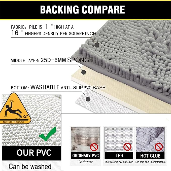 BOANKODU 3 Piece Bathroom Rugs Set, Extra Soft & Shag Chenille Bath Mat, Non-Slip PVC Backing, Machine Washable Absorbent Bath Mats for Bathroom, Toilet Rug, Home Decor (Light Grey)