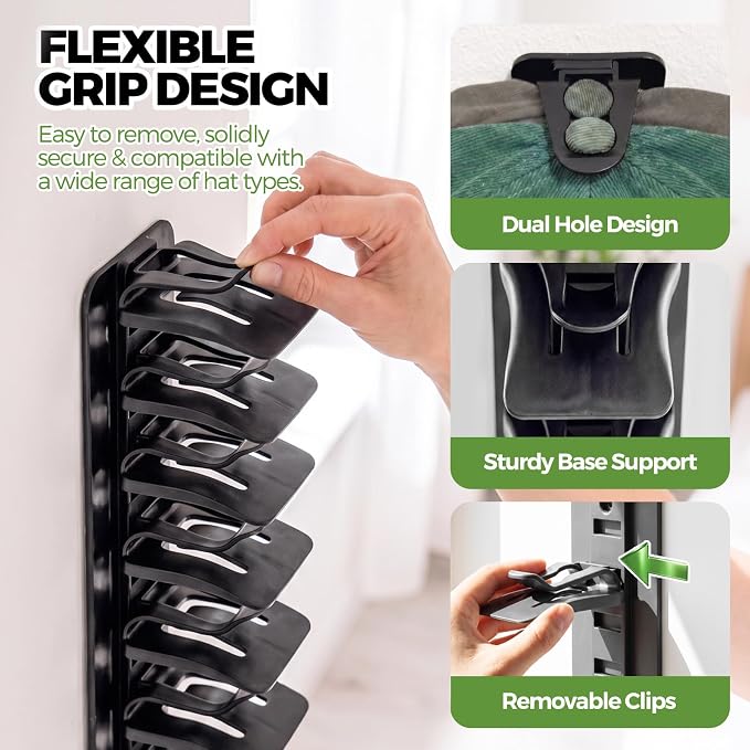 DIY 2Pack Hat Organizer – Holds 36 Hats, Adjustable Clips, Adhesive or Screw Mount, for Baseball Caps & Snapbacks, Space-Saving Cap Holder & Hat Storage Wall Rack for Closet & Door, Black