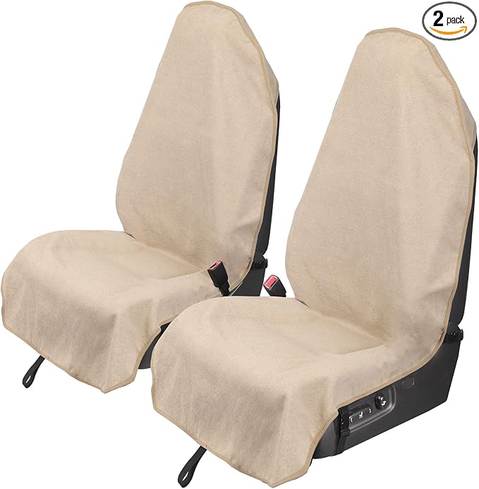 Leader Accessories Waterproof Towel Front Bucket Seat Covers, 2pcs Beige | Universal Non-Slip, Fits Car Truck SUV, Machine Washable, For Dog & Kid, Pets, Yoga, Gym, Beach, Swimming, Outdoor Sports